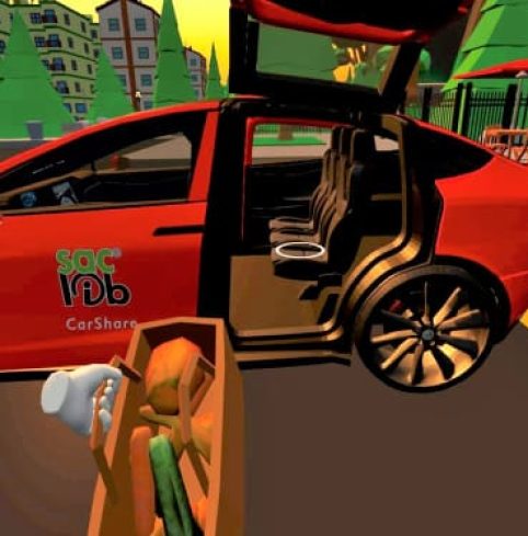 Virtual reality focus group scene showing a participant loading groceries into a library carshare vehicle