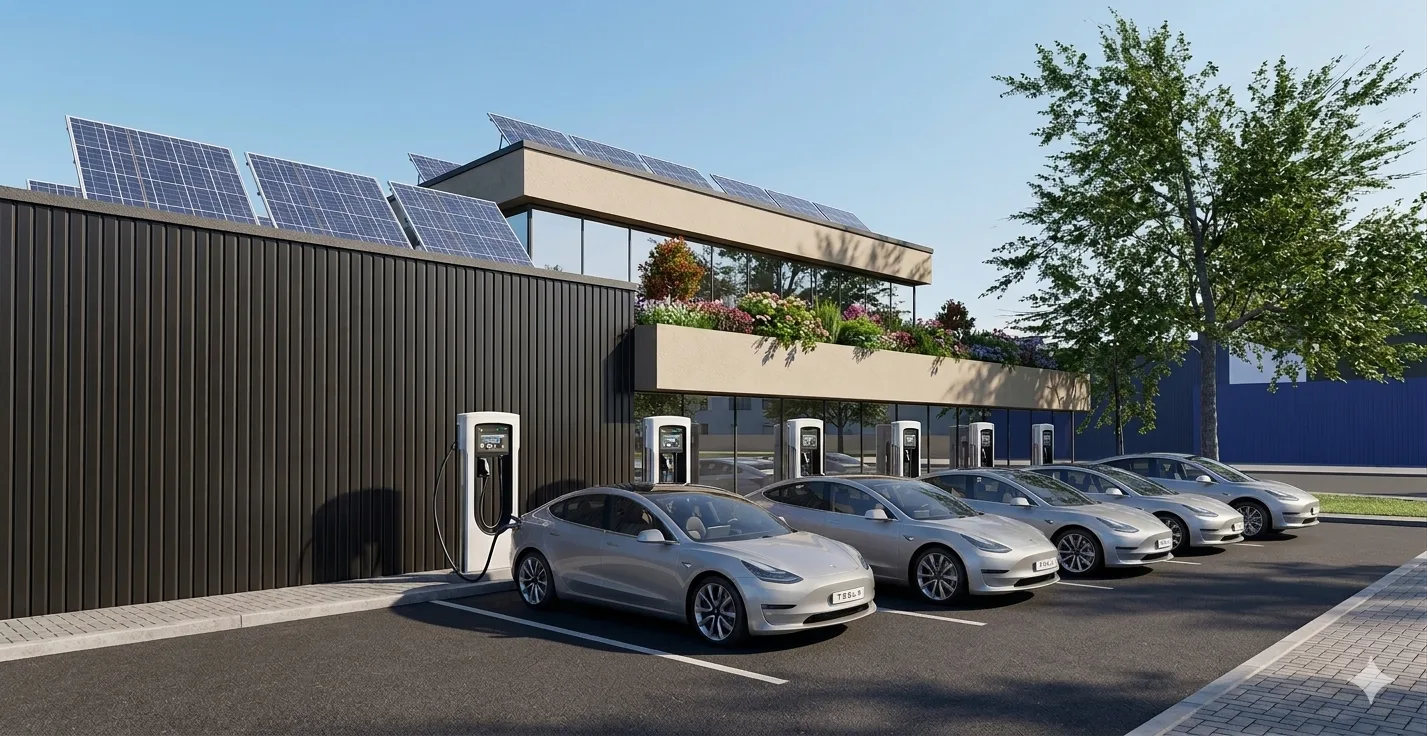 Rendering of a public EV charging plaza with solar canopies and electric vehicles at charging stations